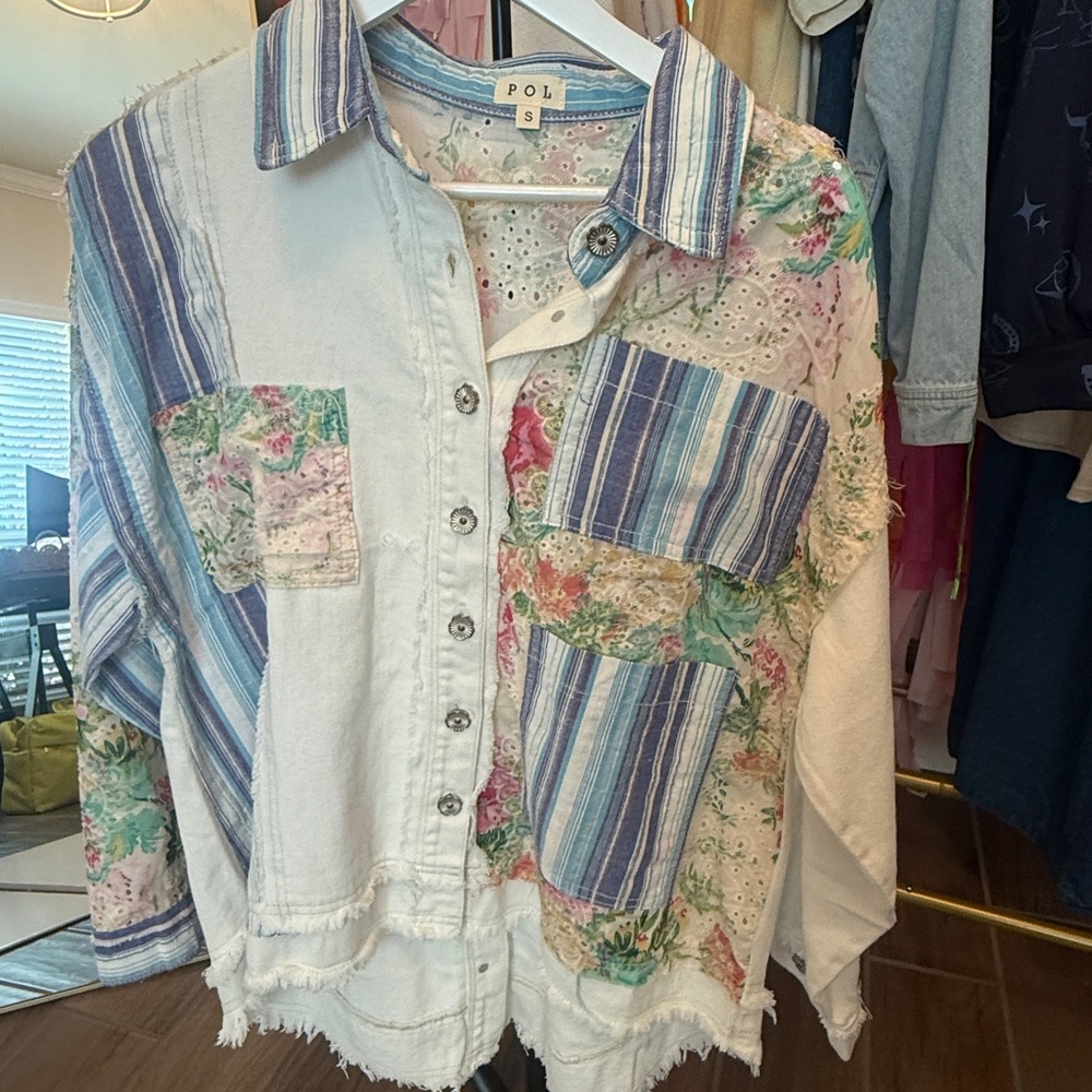 POL Floral and Striped Button-Up Shacket